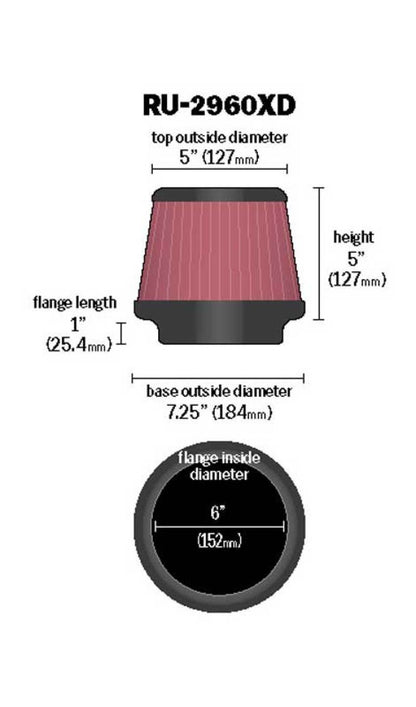 K&N Engineering Universal Tapered Air Filter 6-inch Flange, 7.5-inch Base OD, 5-inch Height for Ford Mustang and Flex