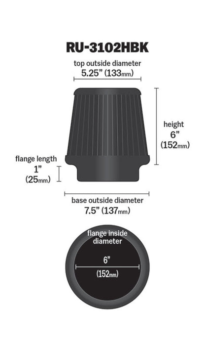 K&N Engineering RU-3102HBK Black Universal Round Tapered Air Filter – 6 Inch Flange Diameter