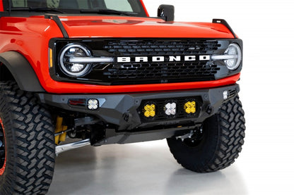 Addictive Desert Designs Bomber Front Bumper for Ford Bronco 2021-2023 with Baja Designs LP4 Mounts and D-Rings in Hammer Black
