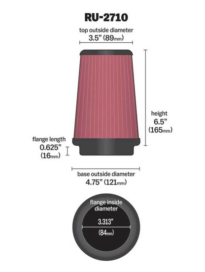 K&N Engineering Universal Rubber Round Air Filter – 3.313-inch Flange ID, 4.75-inch Base OD, 3.5-inch Top OD, 6.5-inch Height