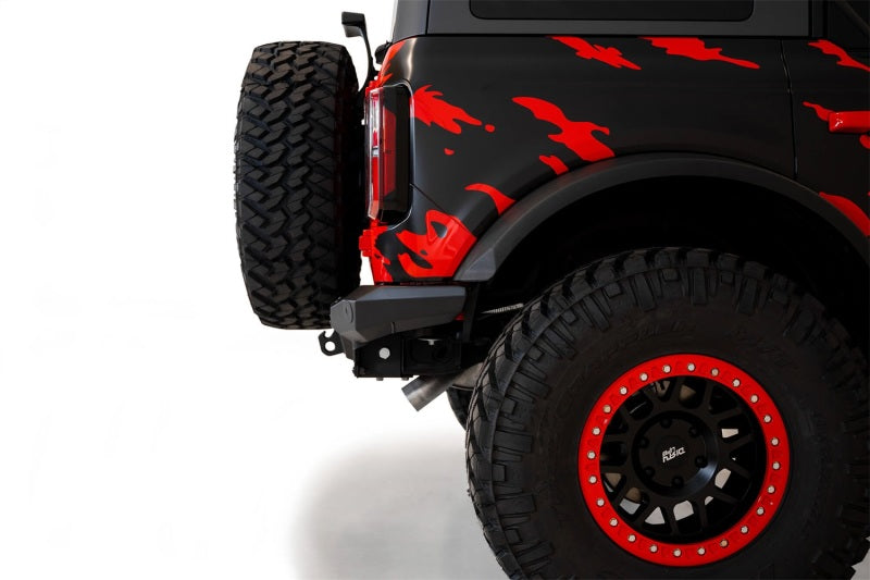 Addictive Desert Designs Stealth Fighter Rear Bumper for Ford Bronco 2021-2023 – Hammer Black with Satin Black Panels and Cube Light Mounts
