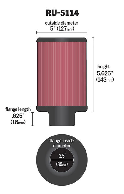 K&N Engineering Universal Rubber Air Filter with 3.5-inch Flange ID, 5-inch Outer Diameter, and 5.625-inch Height