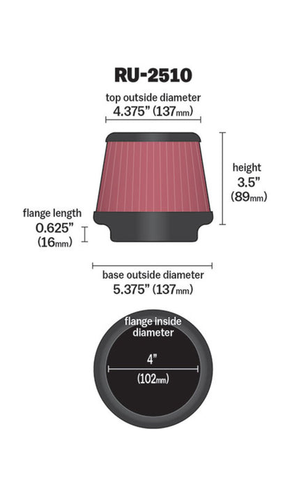 K&N Engineering Universal 4-Inch Air Filter Part RU-2510 for Automotive and Equipment Applications
