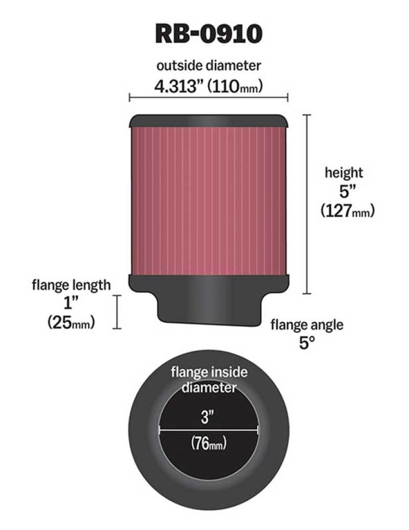 K&N Engineering Universal Rubber Air Filter - 3 inch, 4.5 inch OD, 5 inch Height, Part RB-0910