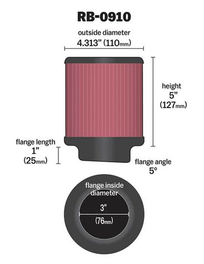 K&N Engineering Universal Rubber Air Filter - 3 inch, 4.5 inch OD, 5 inch Height, Part RB-0910