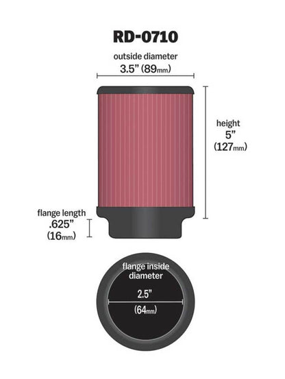 K&N Engineering Universal Rubber Air Filter with 2.5-inch Flange for Automotive and Recreational Applications