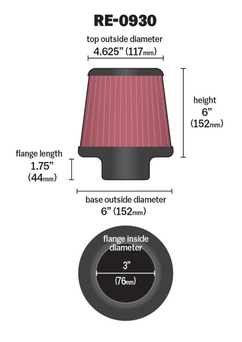 K&N Engineering Universal Round Tapered Rubber Air Filter - 6-inch Base OD, 3-inch Flange ID, 6-inch Height