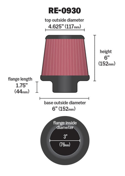 K&N Engineering Universal Round Tapered Rubber Air Filter - 6-inch Base OD, 3-inch Flange ID, 6-inch Height