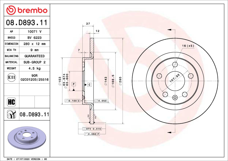 Brembo OE UV Coated Rear Rotor for 2019-2022 Volvo XC40 and Ford F-250/F-350 Super Duty