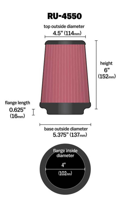 K&N Universal Air Filter 4-inch Flange for Automotive and Recreational Vehicles – Model RU-4550