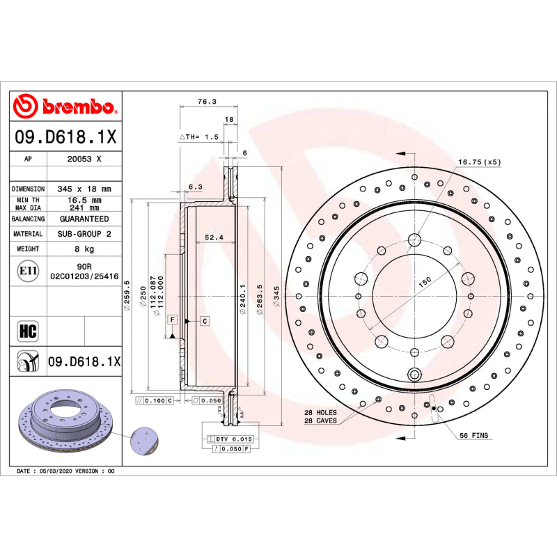 Brembo OE UV Coated Front Rotor for 2014 Toyota Tundra, 2009 Lexus LX570, and More – Part #09.D618.1X